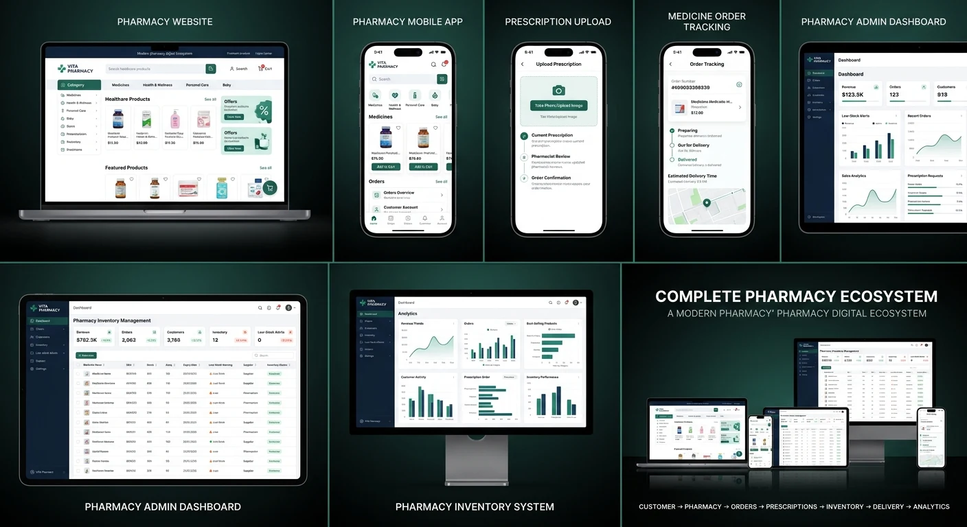 A pharmacy system across its screens: the storefront, the mobile app, prescription upload, order tracking, the admin dashboard, inventory management and analytics.
