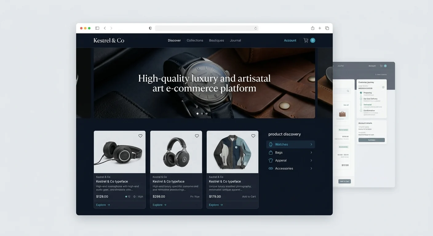 The Kestrel & Co storefront: the catalogue with product cards and pricing, beside the customer account and order-tracking screens.
