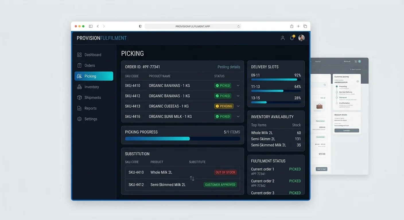 The Provision Fulfilment picking screen: an order being picked item by item, beside delivery slot capacity, inventory availability and an approved substitution.
